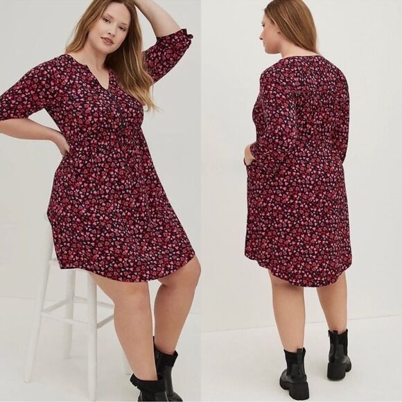 Torrid Heart Print Stretch Challis Zip Front Dress 3X - Picture 2 of 12